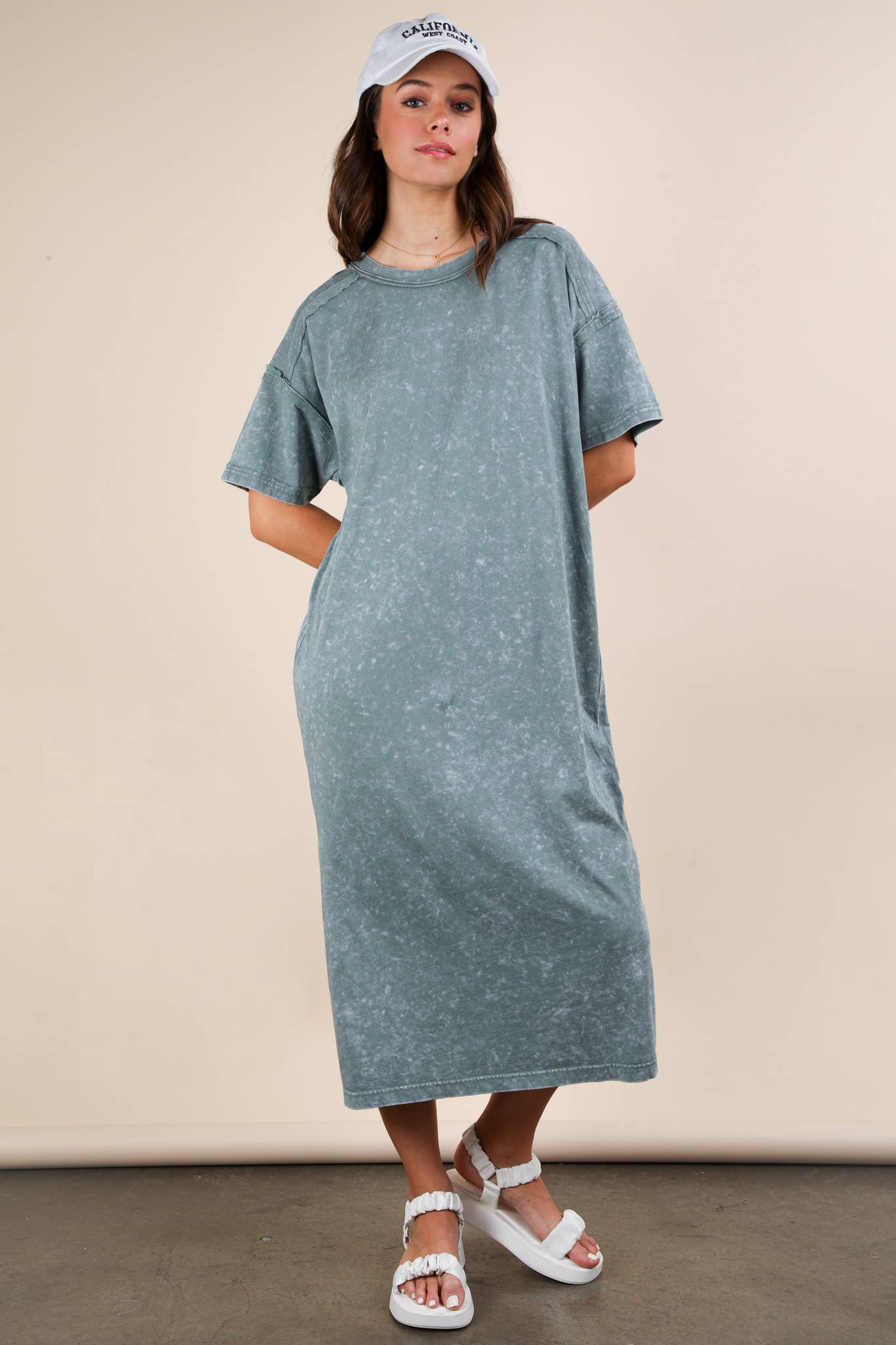 ND31601-Mineral Washed Casual Comfy Midi Dress