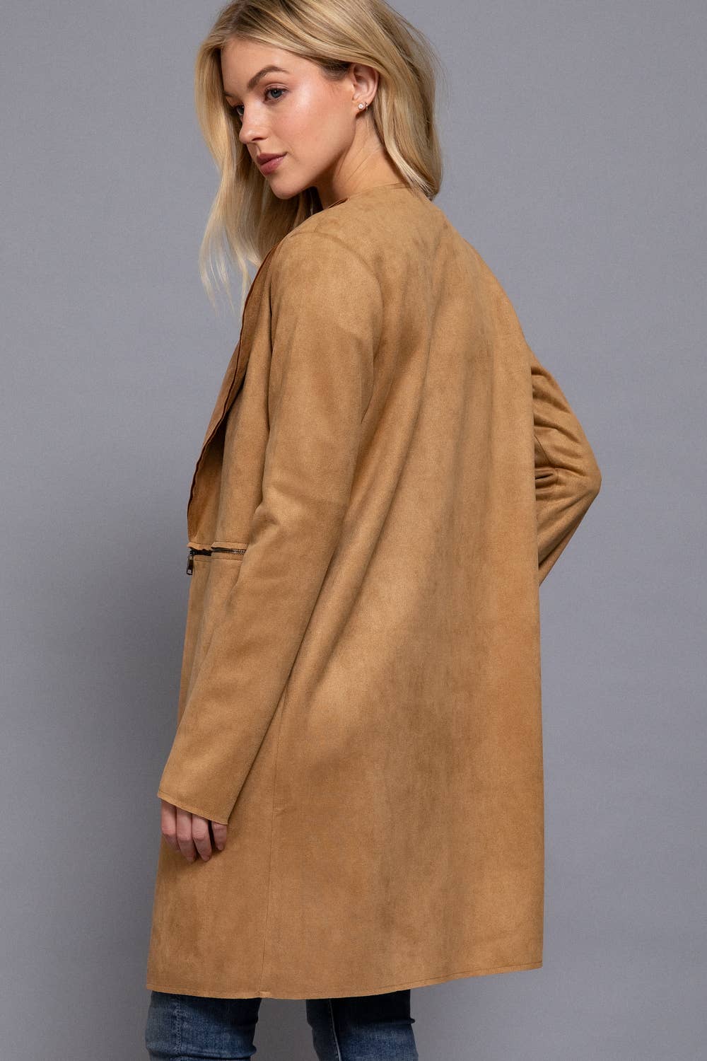 Long Sleeve Front Two Zipper Detail Faux Suede Long Jacket
