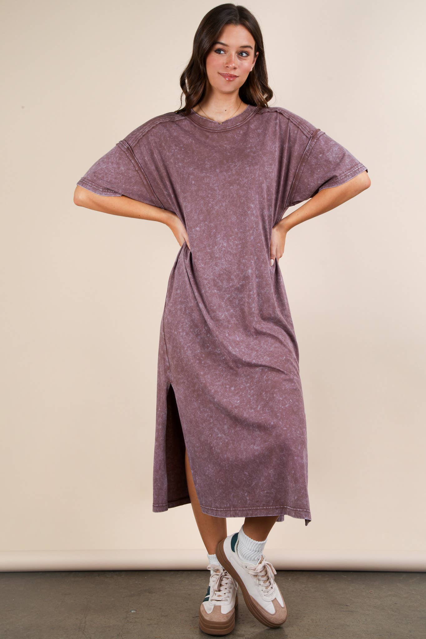 ND31601-Mineral Washed Casual Comfy Midi Dress