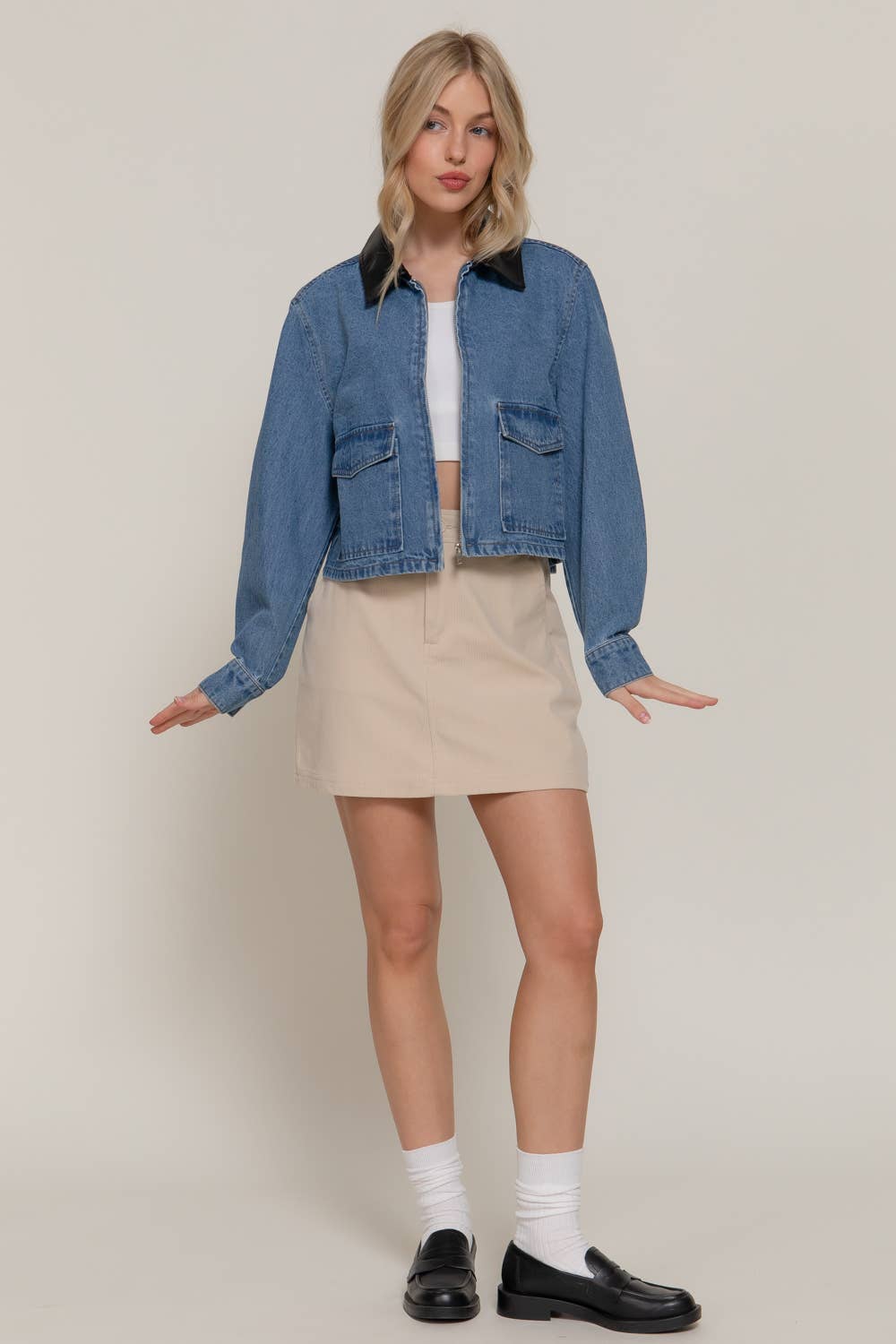 Long Sleeve Contrast Collar Vintage Wash Denim Jacket