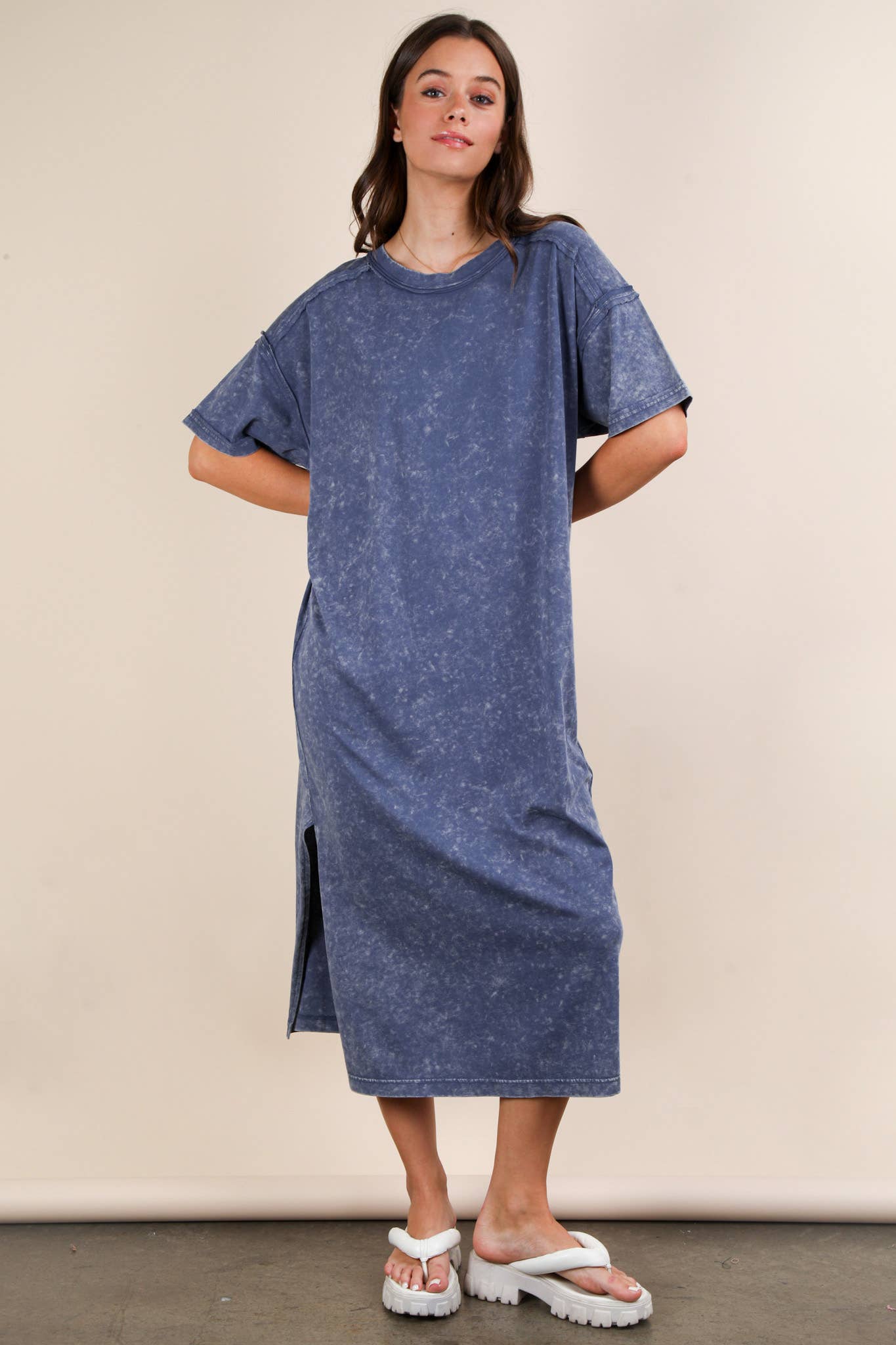 ND31601-Mineral Washed Casual Comfy Midi Dress