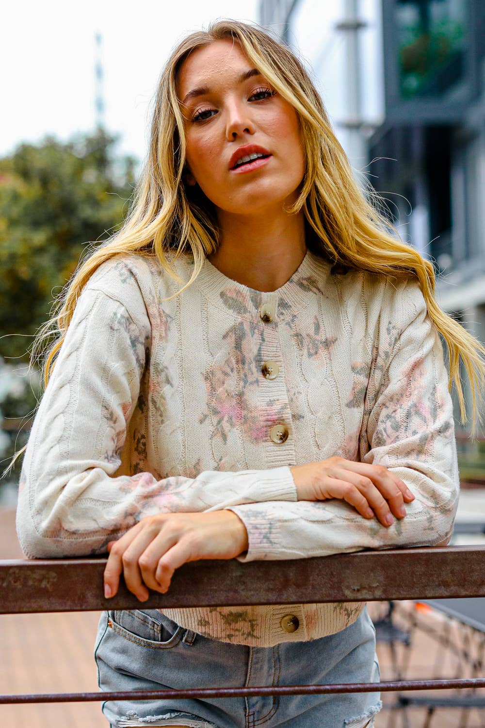 Button Down Floral Cable Sweater Cardigan