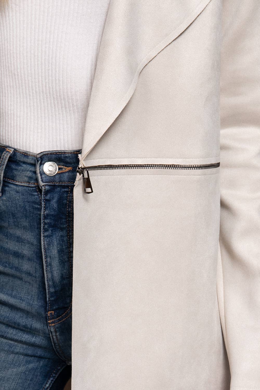 Long Sleeve Front Two Zipper Detail Faux Suede Long Jacket