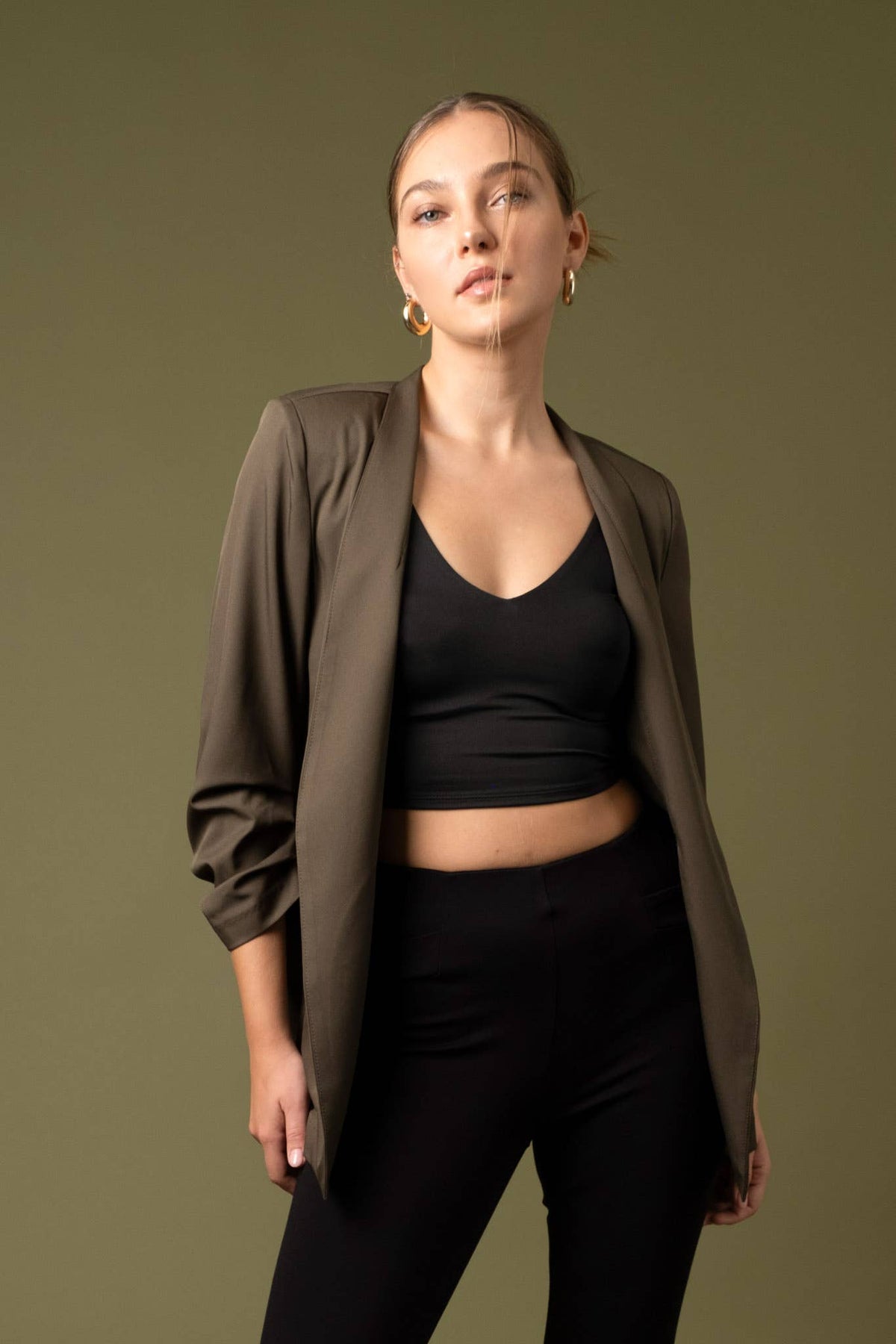 COLLARLESS 3/4 RUCHED SLEEVE LONGLINE BLAZER