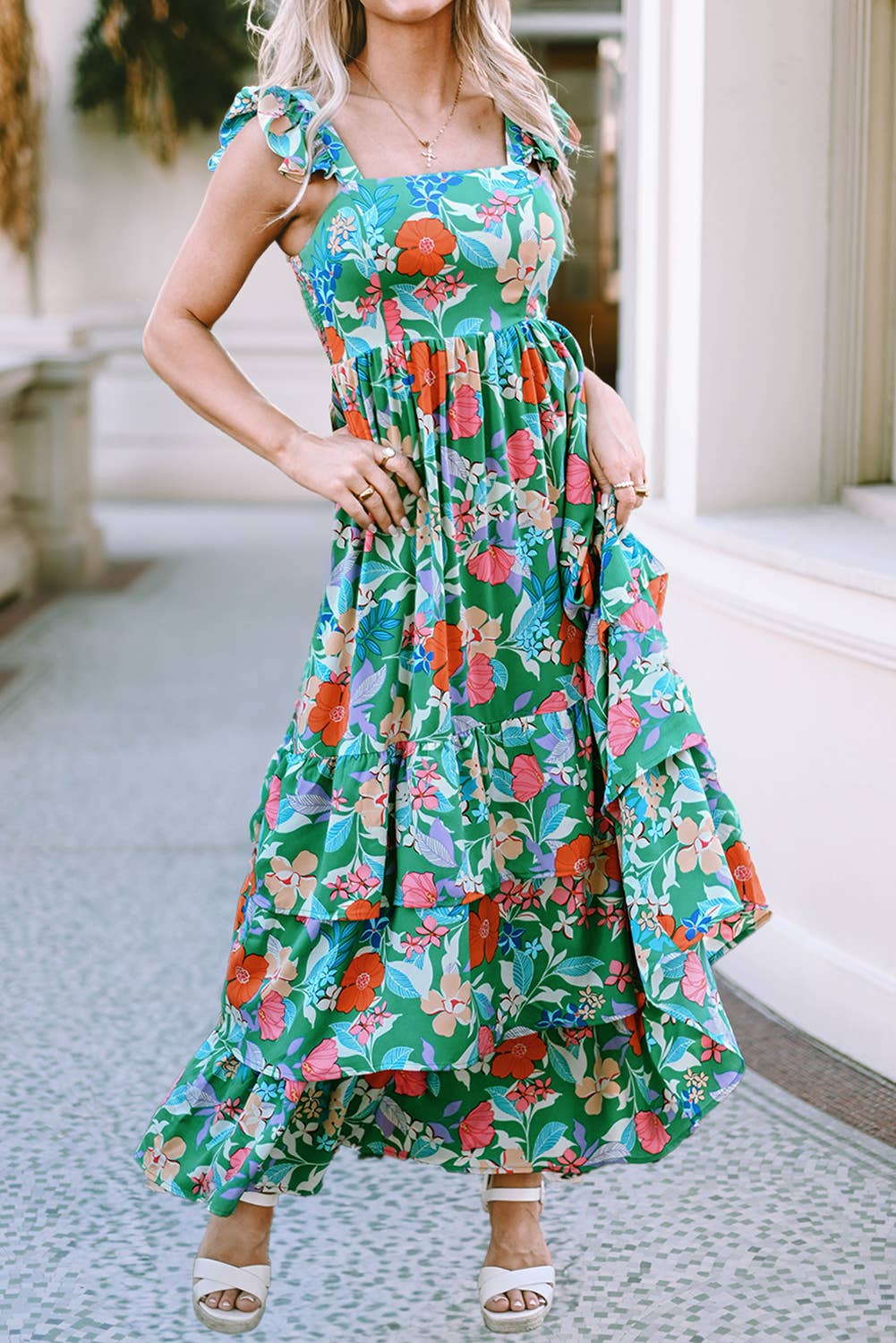Floral Print Sleeveless Ruffle Tiered Maxi Dress