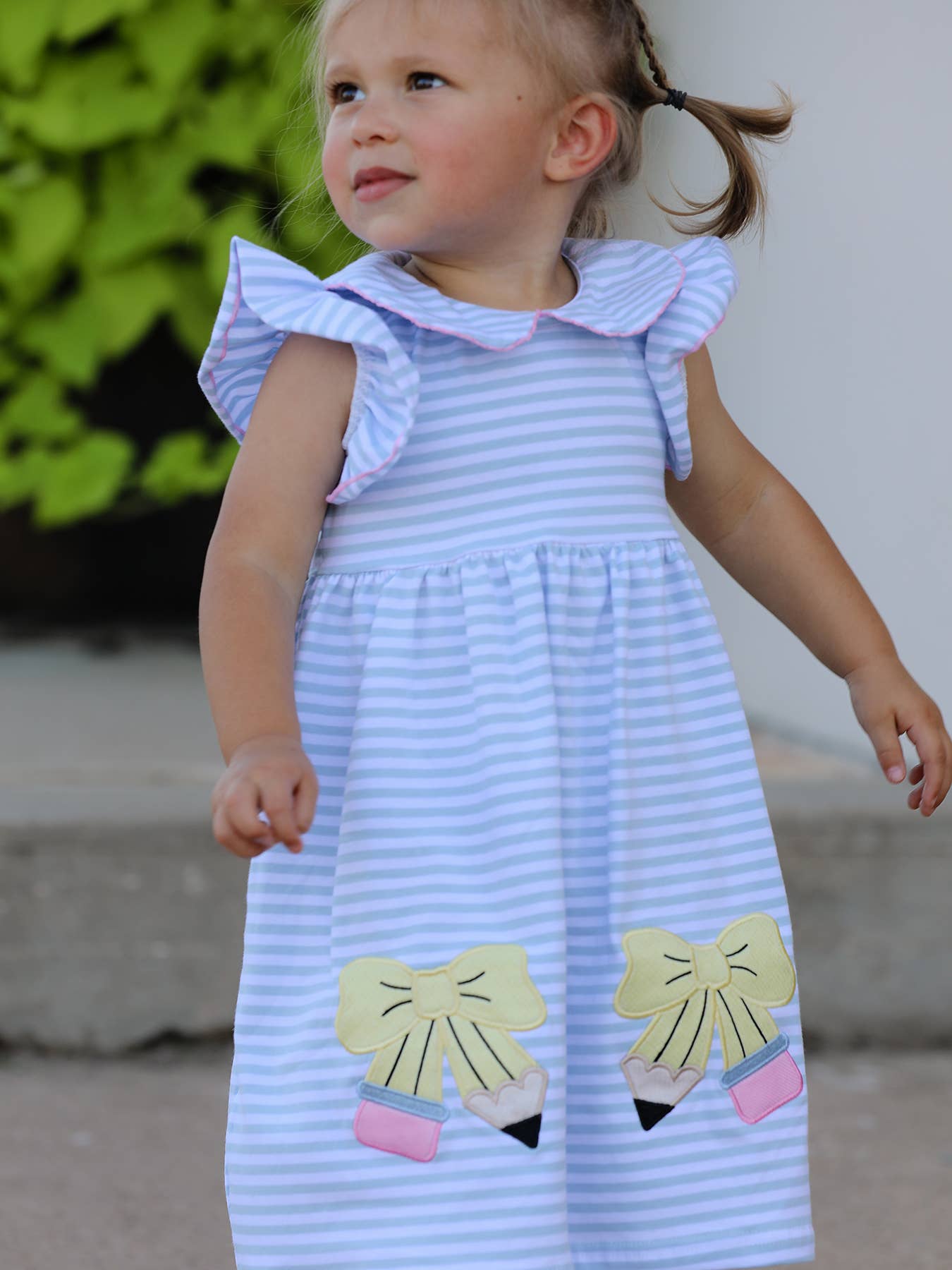 Back To School Girls Plaid Pencil Applique Bow Dress