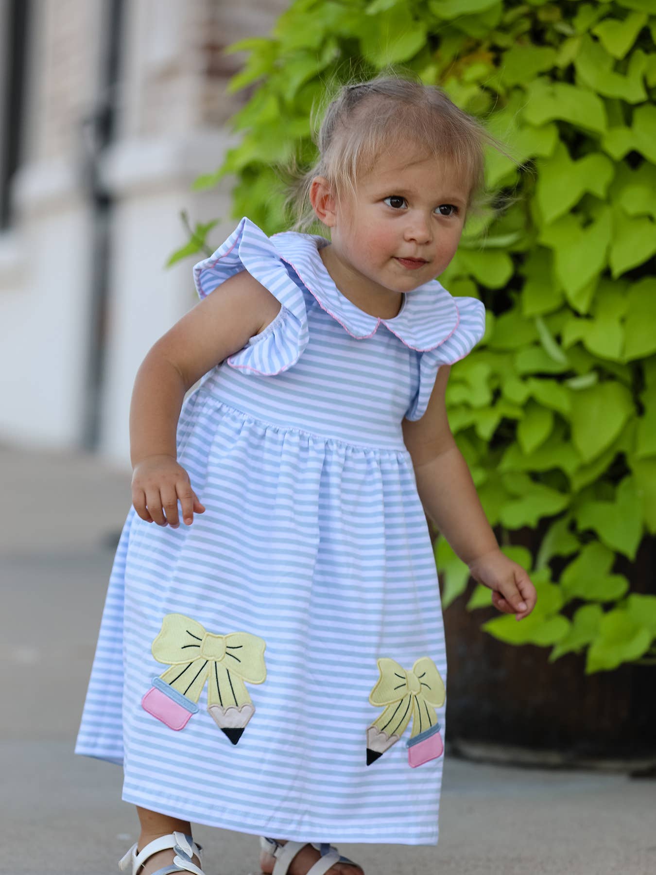 Back To School Girls Plaid Pencil Applique Bow Dress