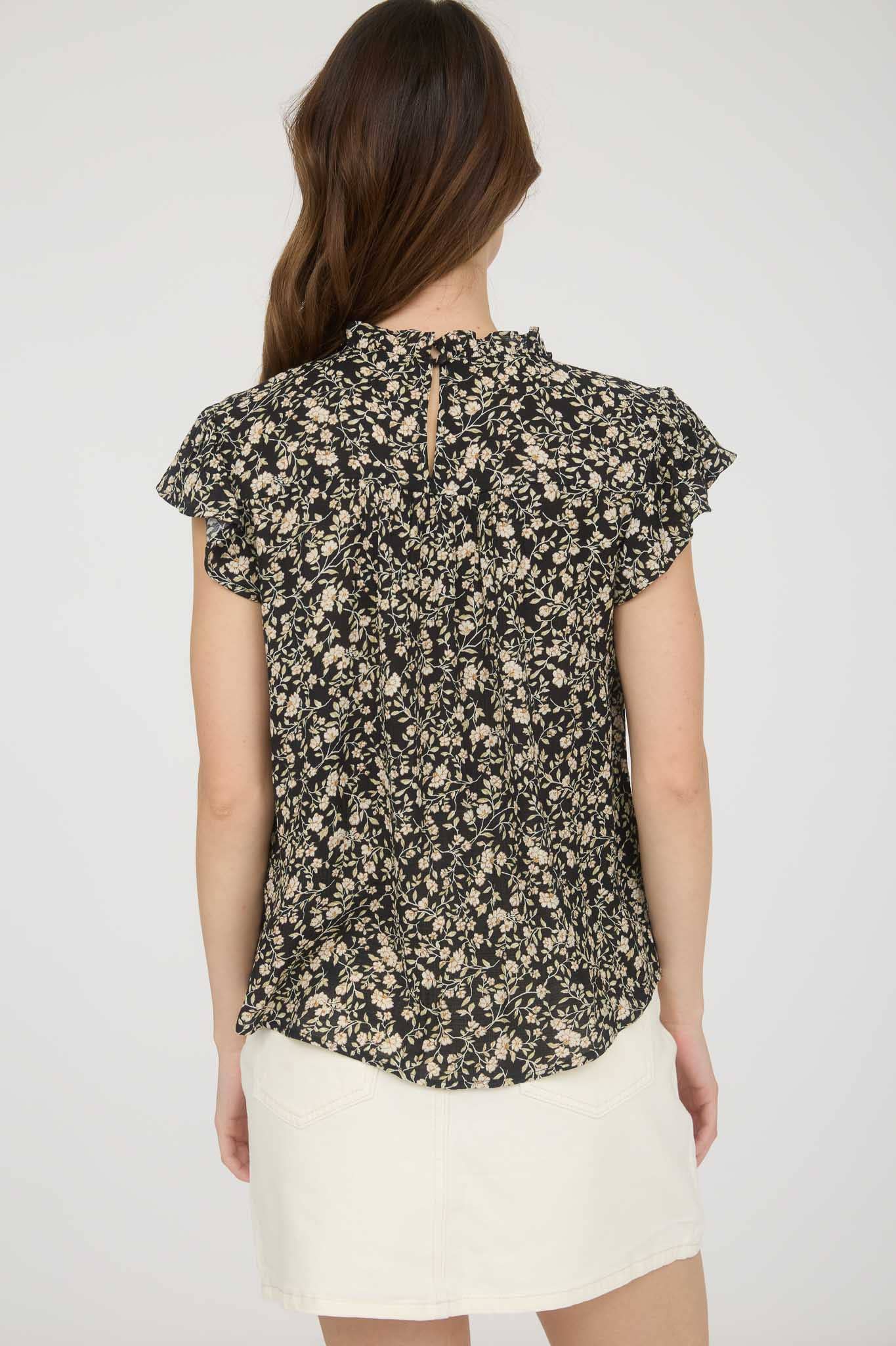 FLORAL LACE YOKE TRIM RUFFLE DETAIL SHORT SLEEVE TOP