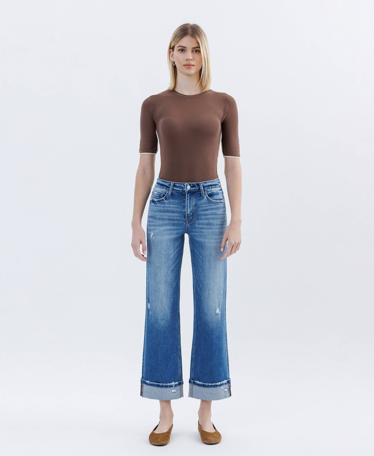 HIGH RISE CUFFED SLIM WIDE JEANS