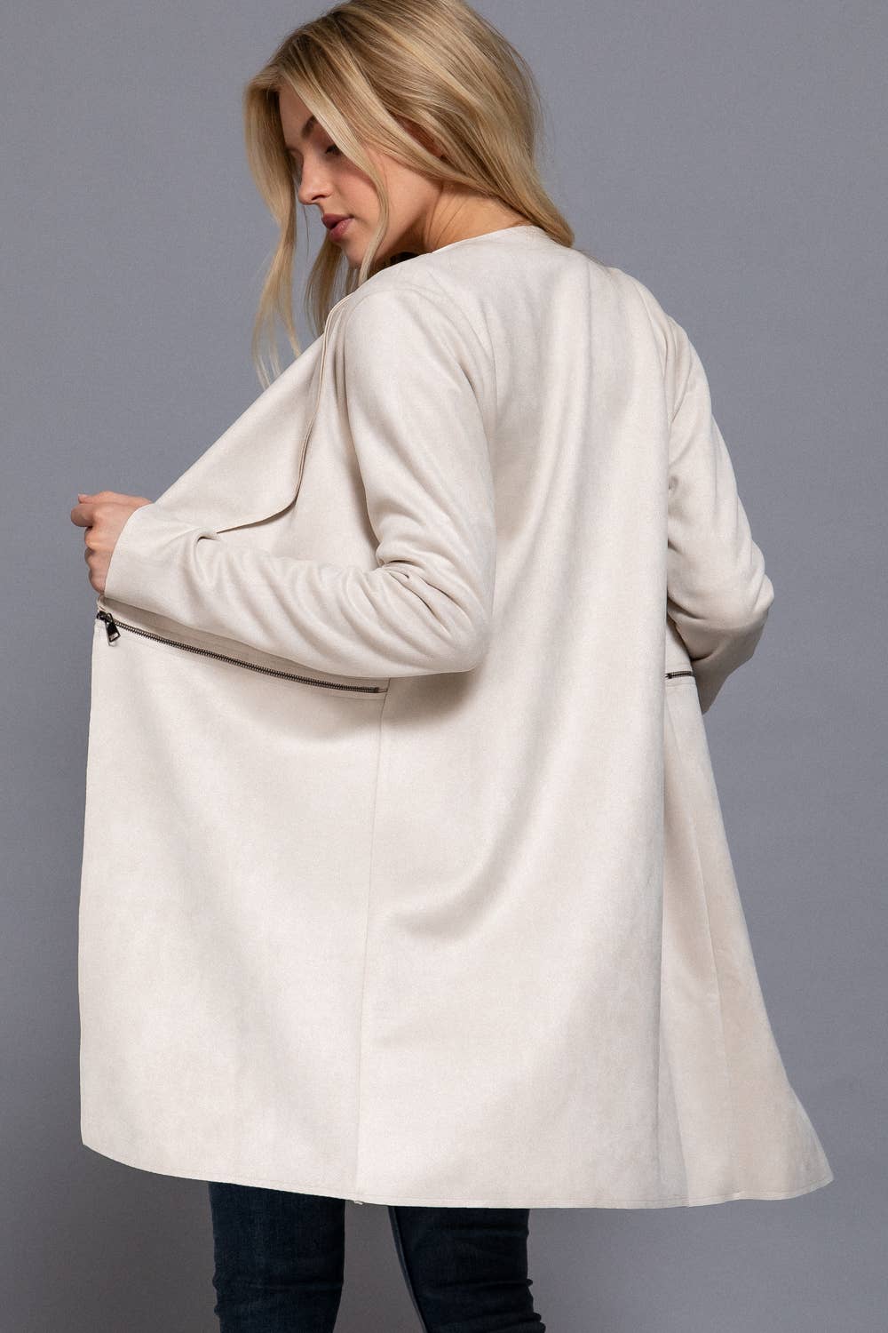 Long Sleeve Front Two Zipper Detail Faux Suede Long Jacket