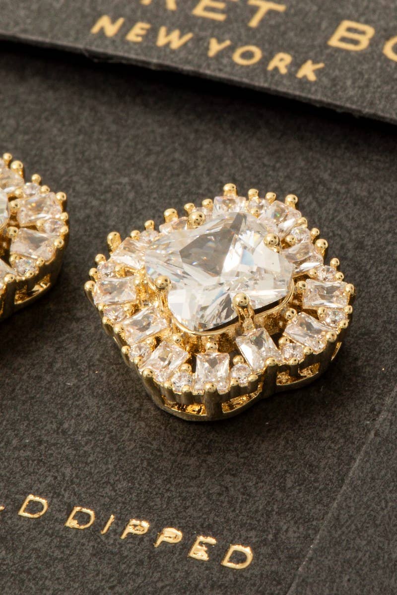 Secret Box Gold Dipped Cz Halo Set Clover Stud Earrings
