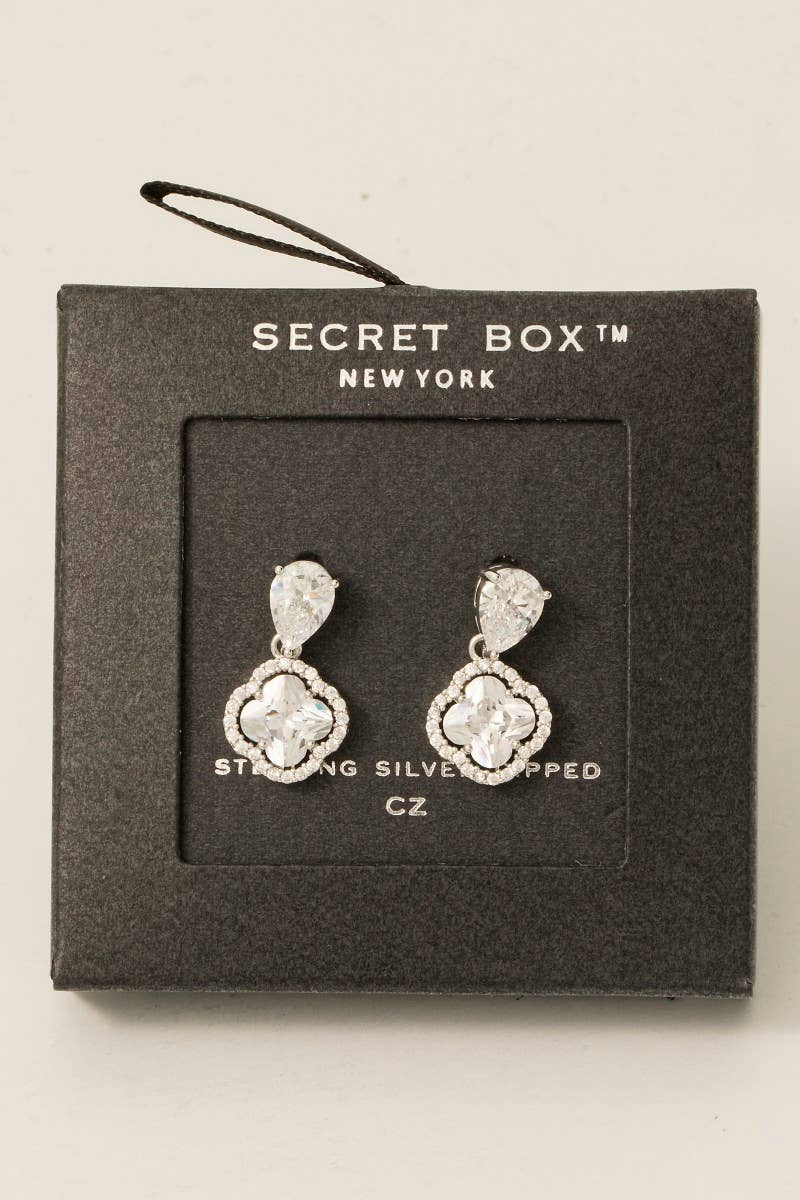 Secret Box Gold Dipped Cz Halo Set Clover Teardrop Dangle