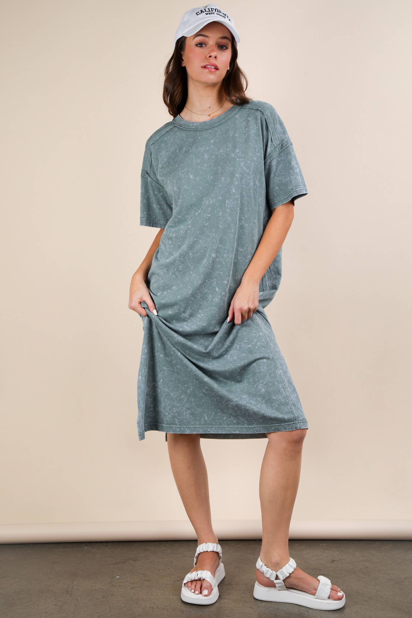 ND31601-Mineral Washed Casual Comfy Midi Dress