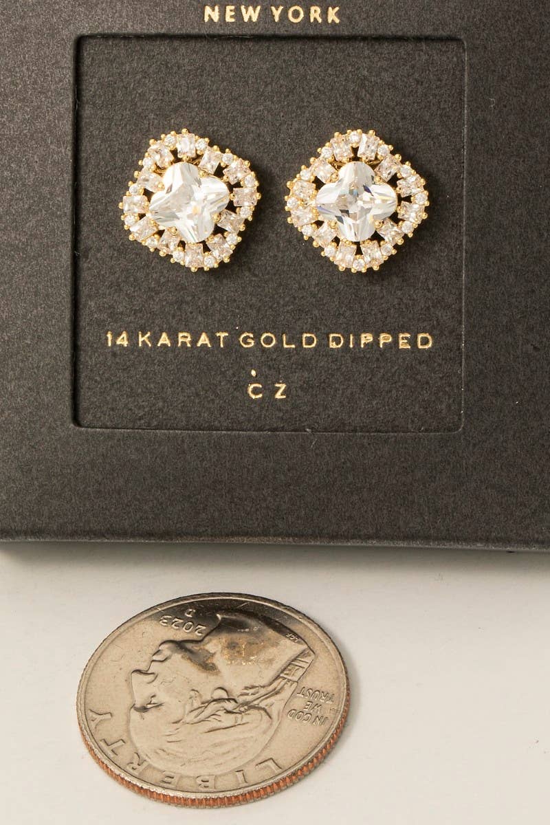 Secret Box Gold Dipped Cz Halo Set Clover Stud Earrings