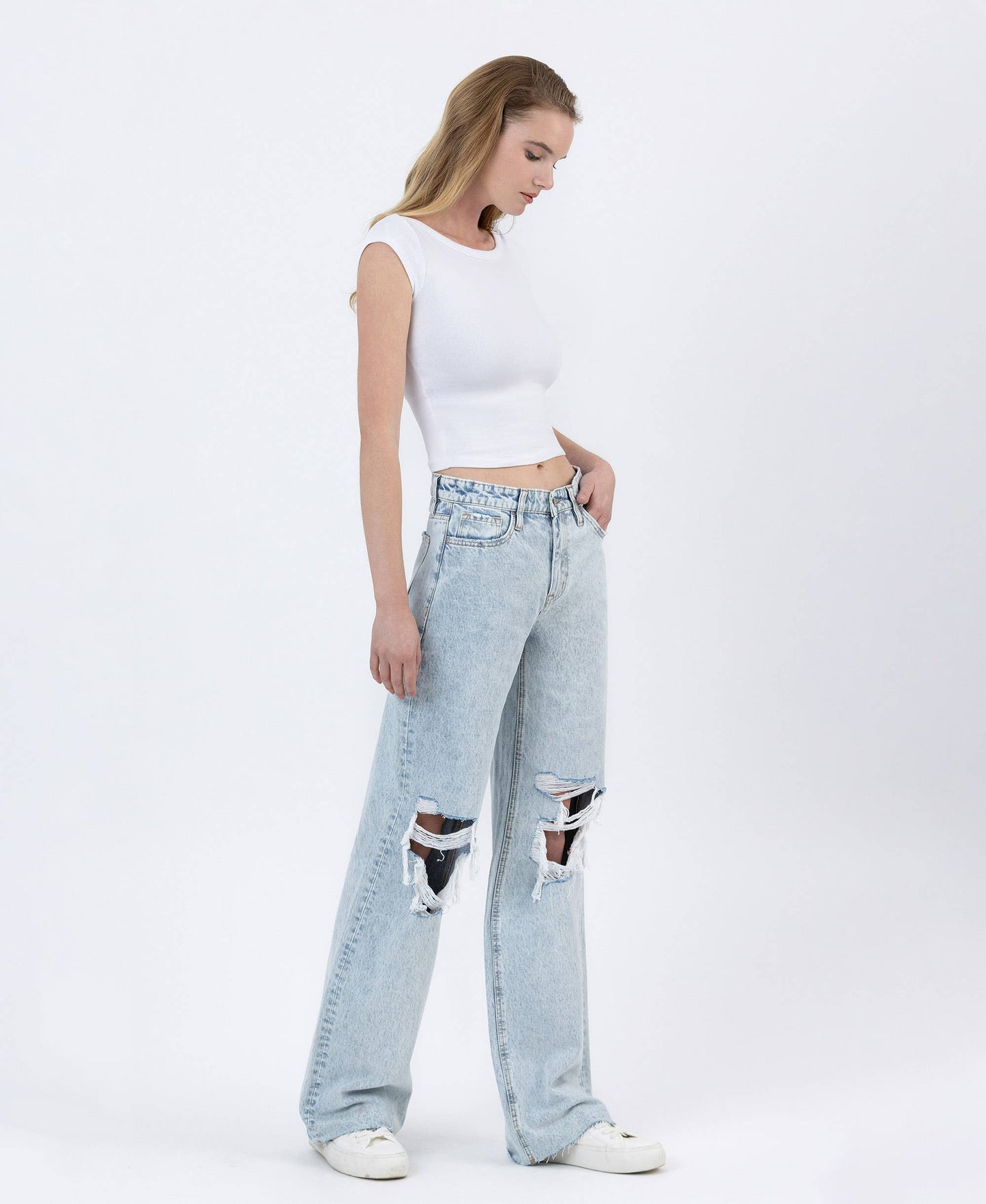 HIGH RISE DISTRESSED LONG BAGGY WIDE LEG JEANS BY4653L