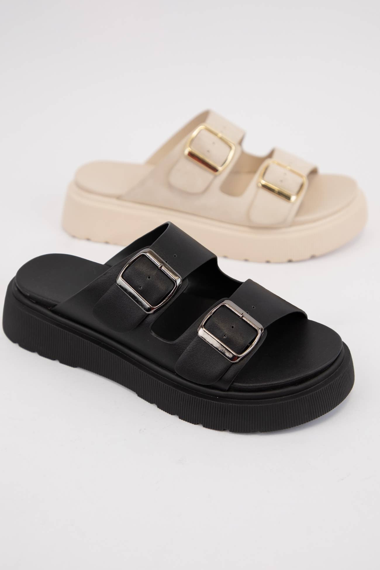 UBERTA DOUBLE BUCKLE STRAP PLATFORM SLIP-ON SANDAL