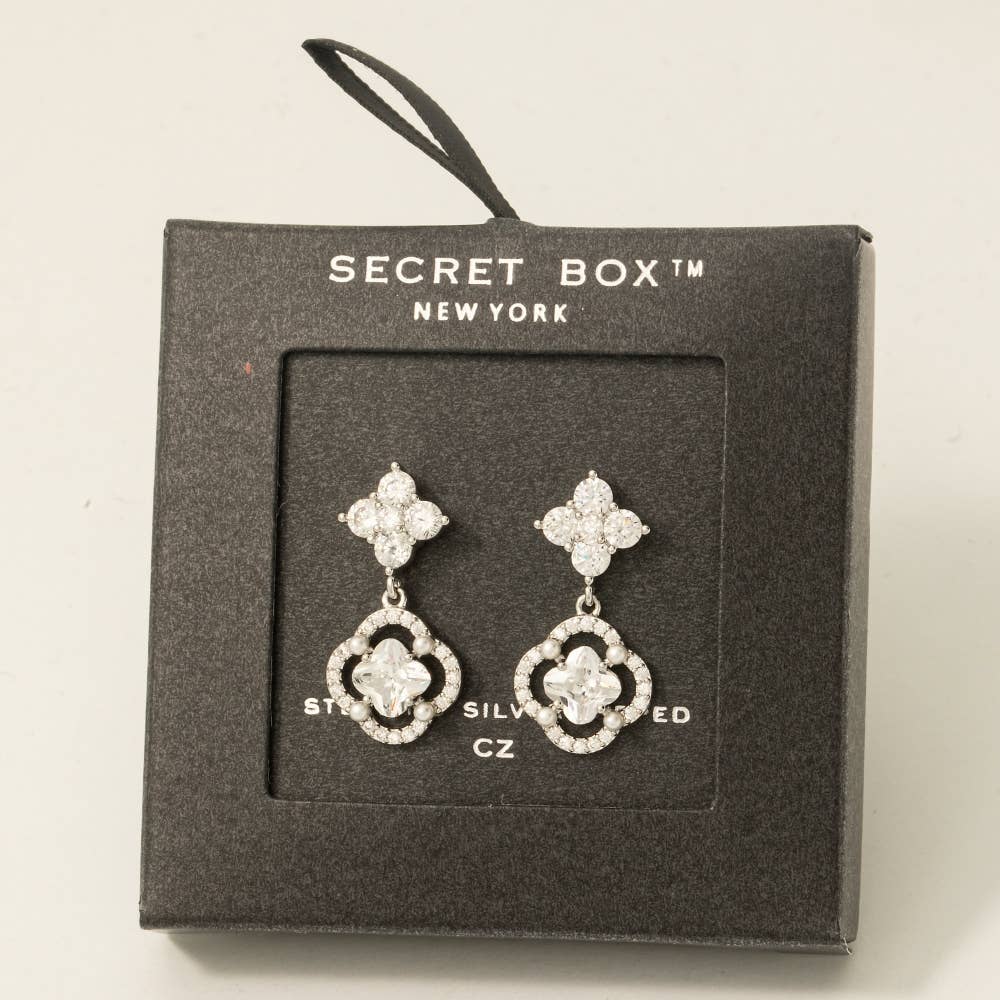 Secret Box Gold Dipped Cz Halo Set Clover Stud Dangle