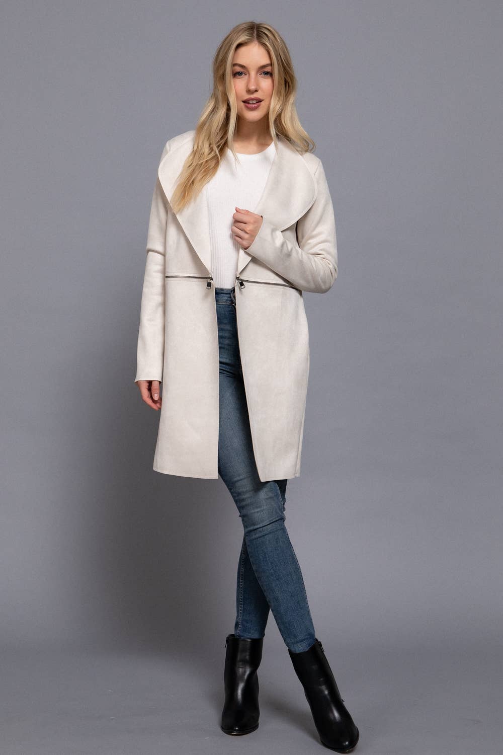 Long Sleeve Front Two Zipper Detail Faux Suede Long Jacket