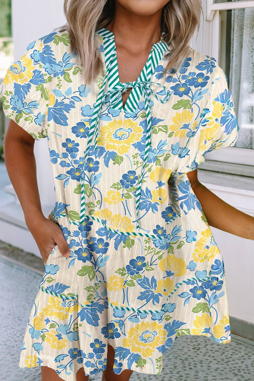 Floral Striped Trim Puff Short Sleeve Dress