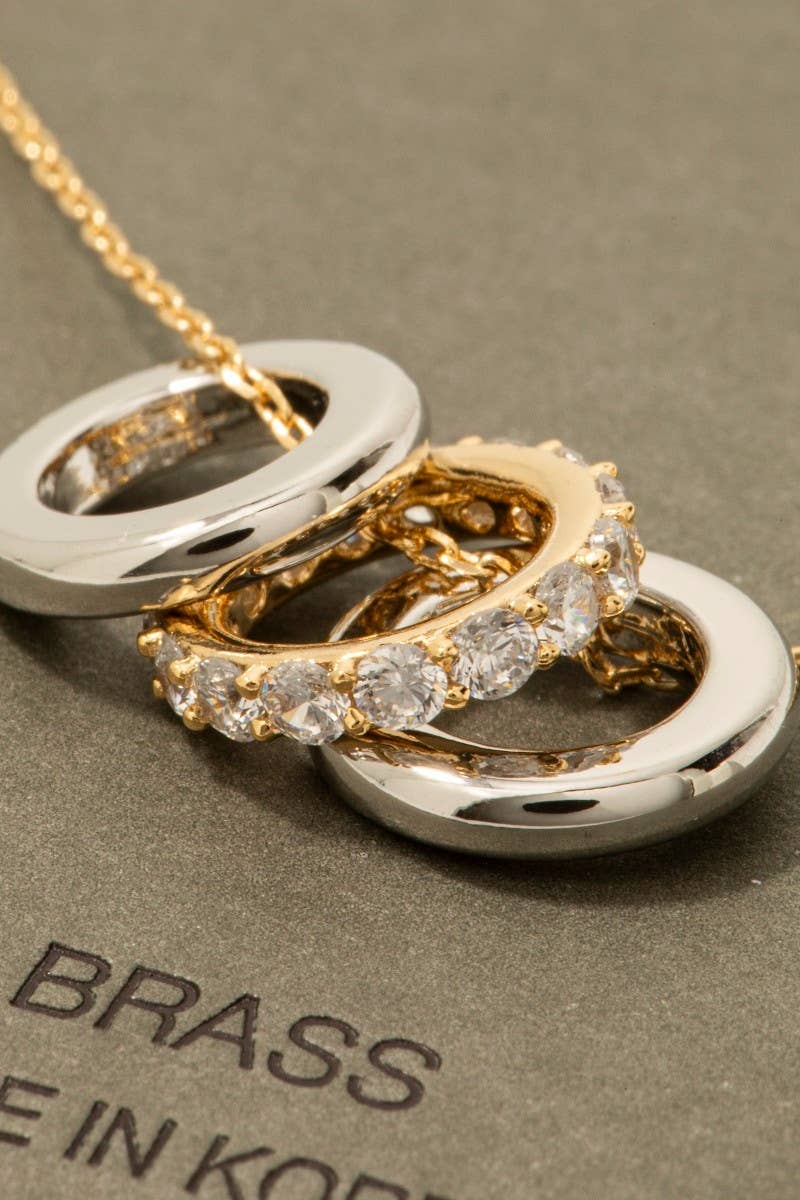 Pave Two Tone Ring Charms Chain Necklace
