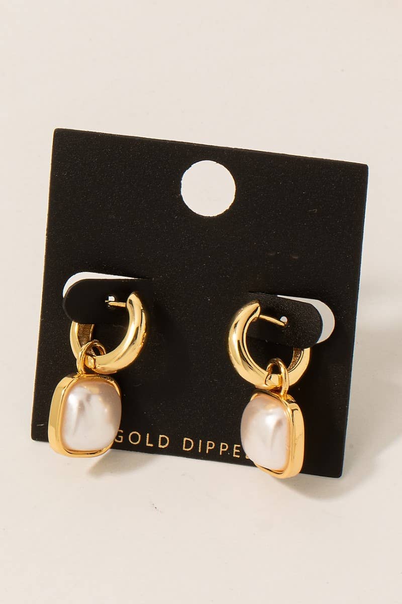 Gold Dipped Square Pearl Charm Hoop Earrings