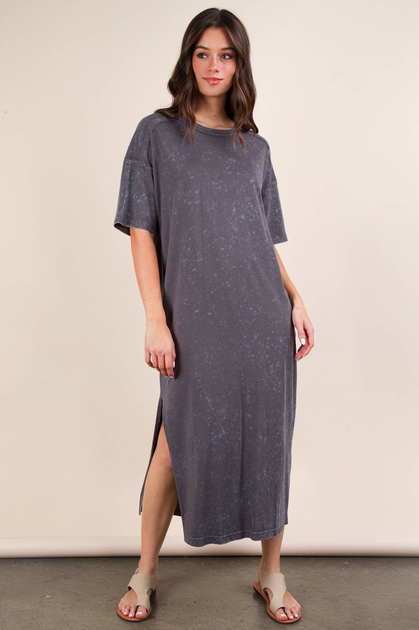 ND31601-Mineral Washed Casual Comfy Midi Dress