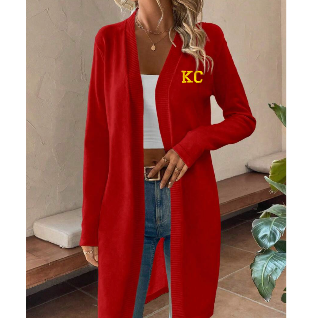 Red KC Long Sleeve Knee Length Cardigan, Kansas City, Chiefs