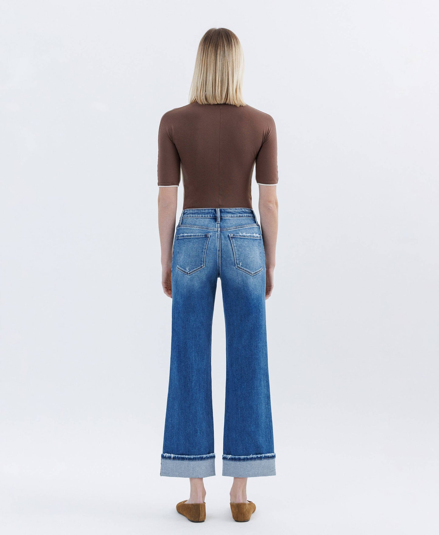 HIGH RISE CUFFED SLIM WIDE JEANS