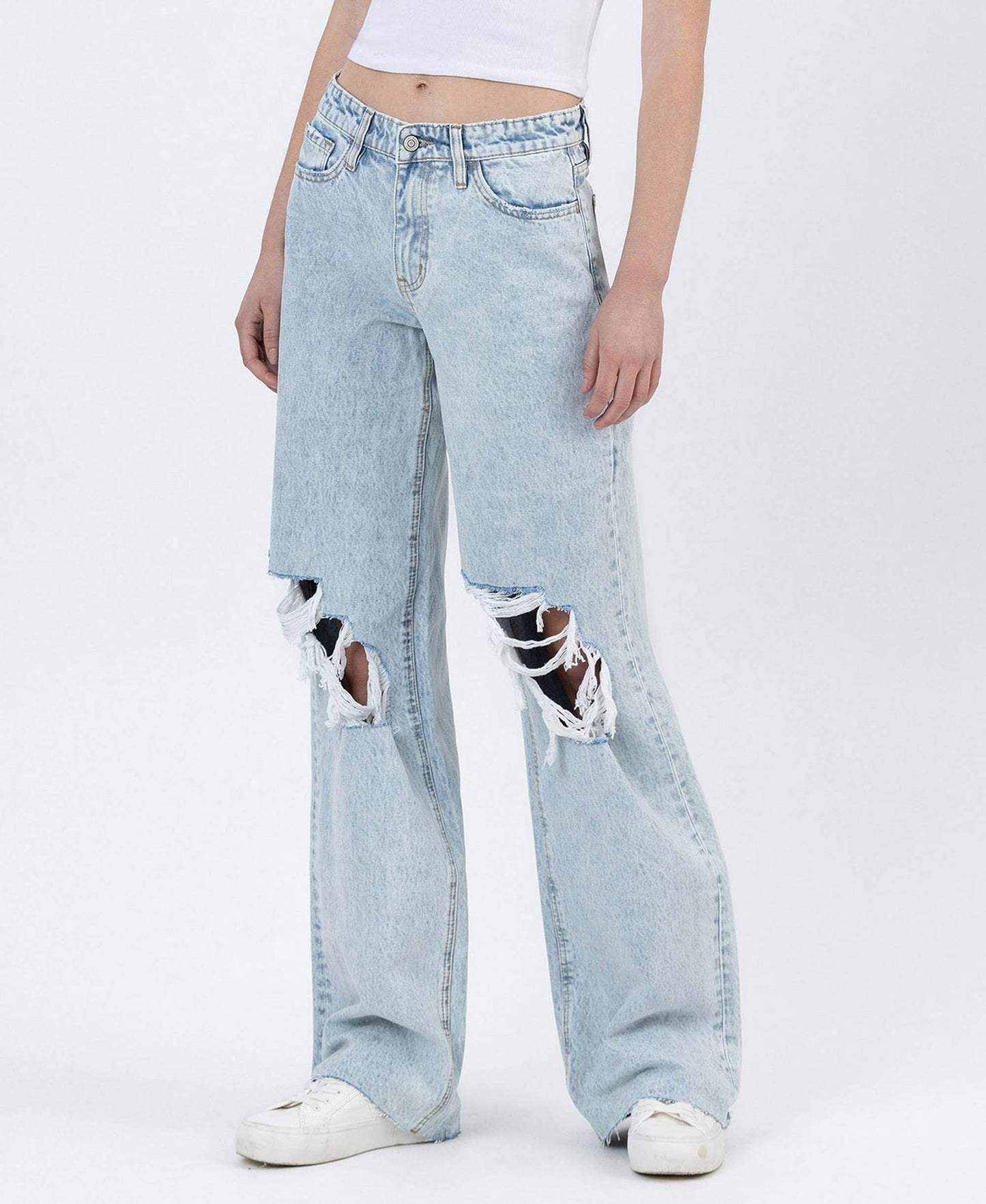 HIGH RISE DISTRESSED LONG BAGGY WIDE LEG JEANS BY4653L