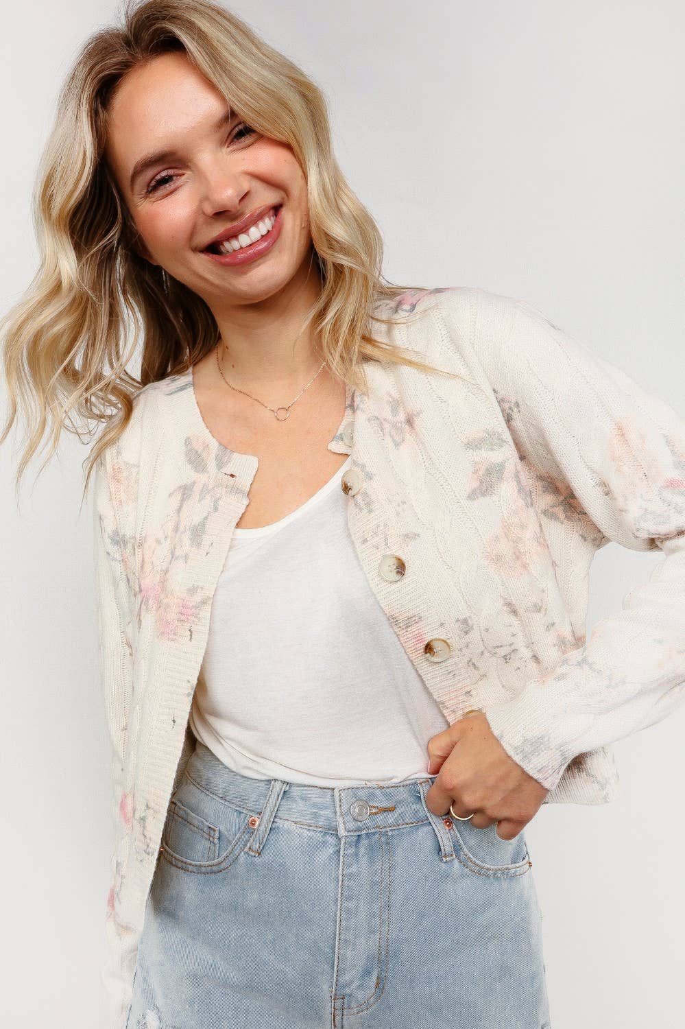 Button Down Floral Cable Sweater Cardigan