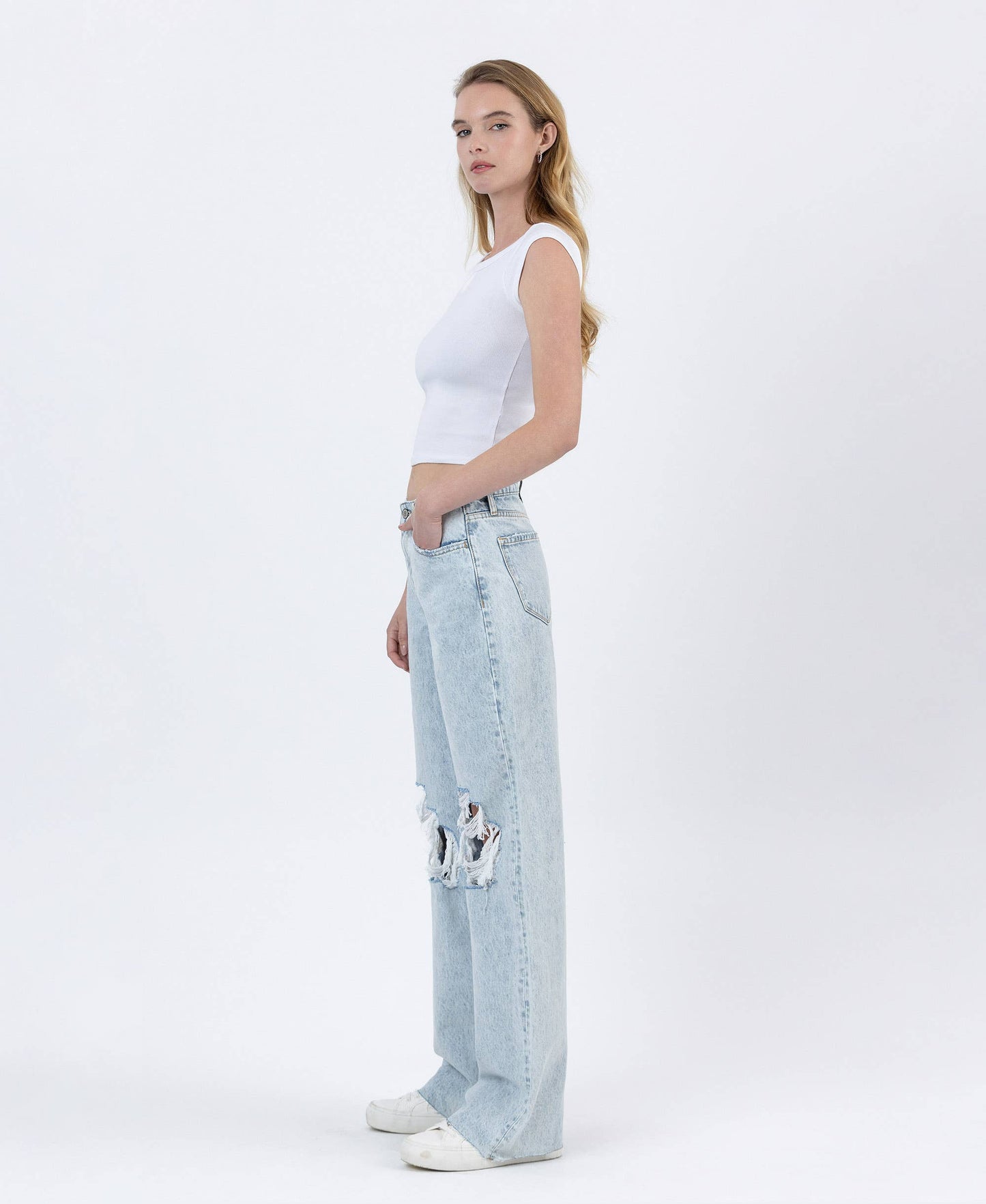 HIGH RISE DISTRESSED LONG BAGGY WIDE LEG JEANS BY4653L