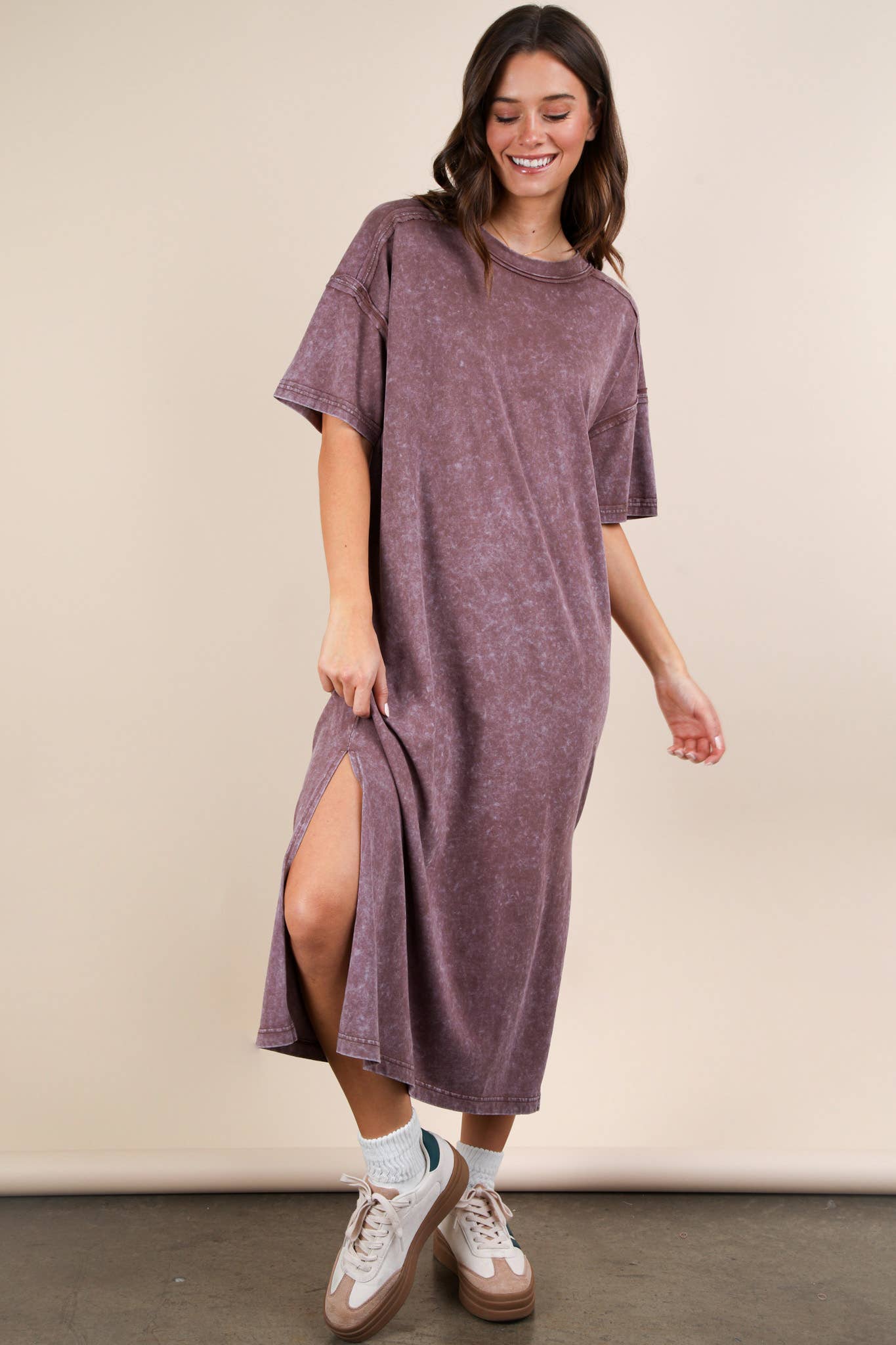 ND31601-Mineral Washed Casual Comfy Midi Dress