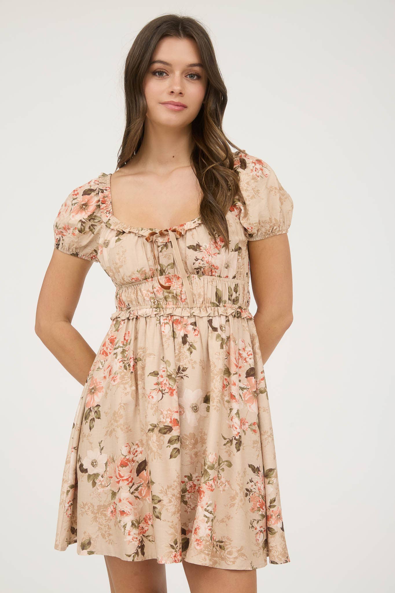FLORAL RUFFLE TRIM VELVET FRONT TIE MINI DRESS