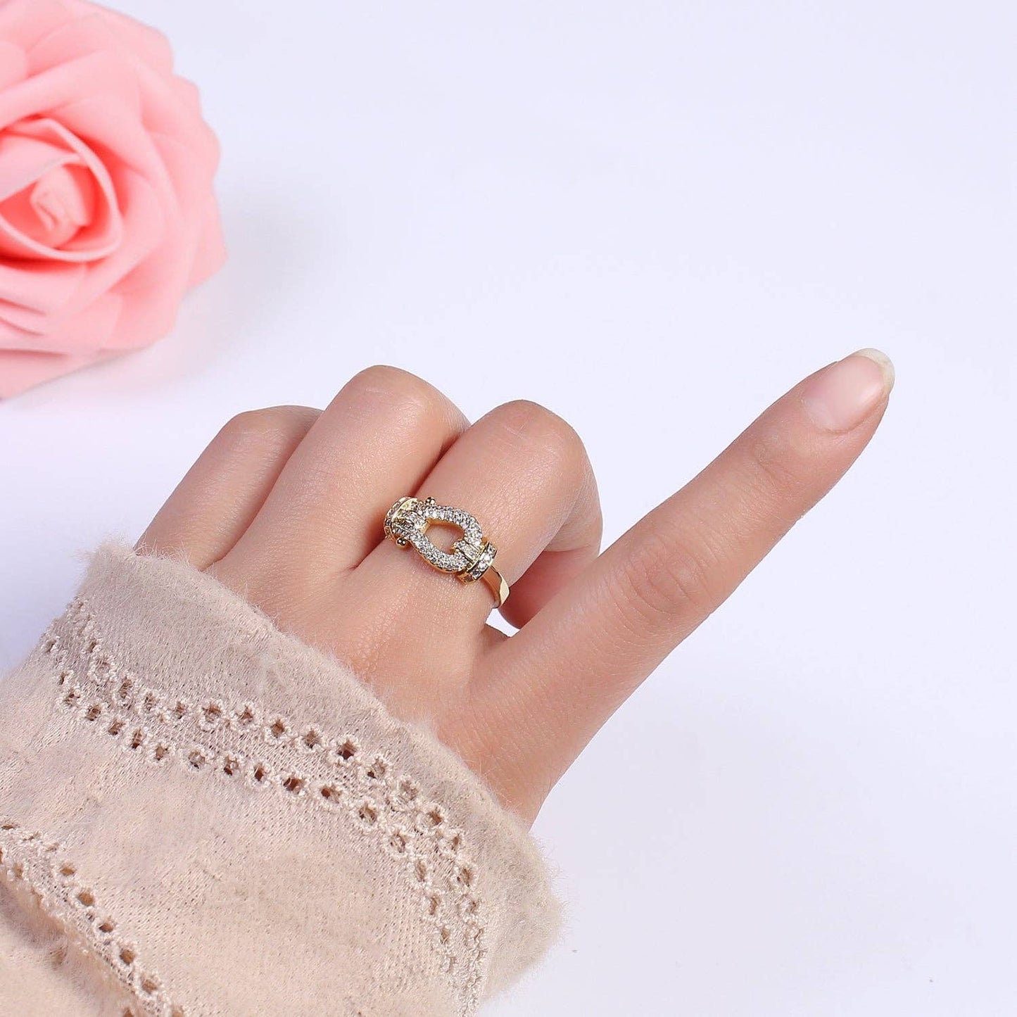 Buckle Ring in 14k Gold Filled Micro Pave Midi Ring / Diamond CZ Belt Buckle Ring for Women Open Adjustable Jewelry S-435