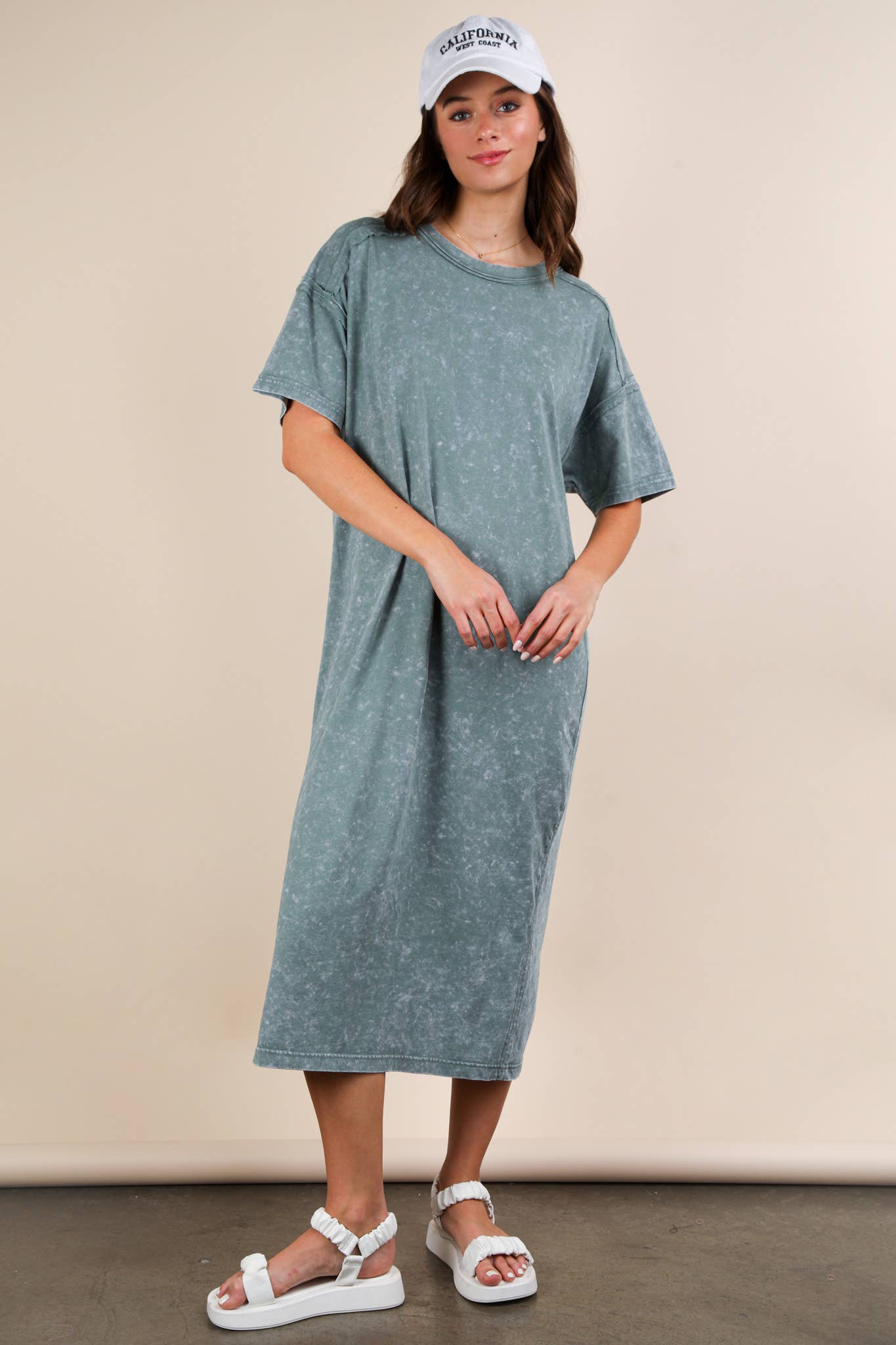 ND31601-Mineral Washed Casual Comfy Midi Dress