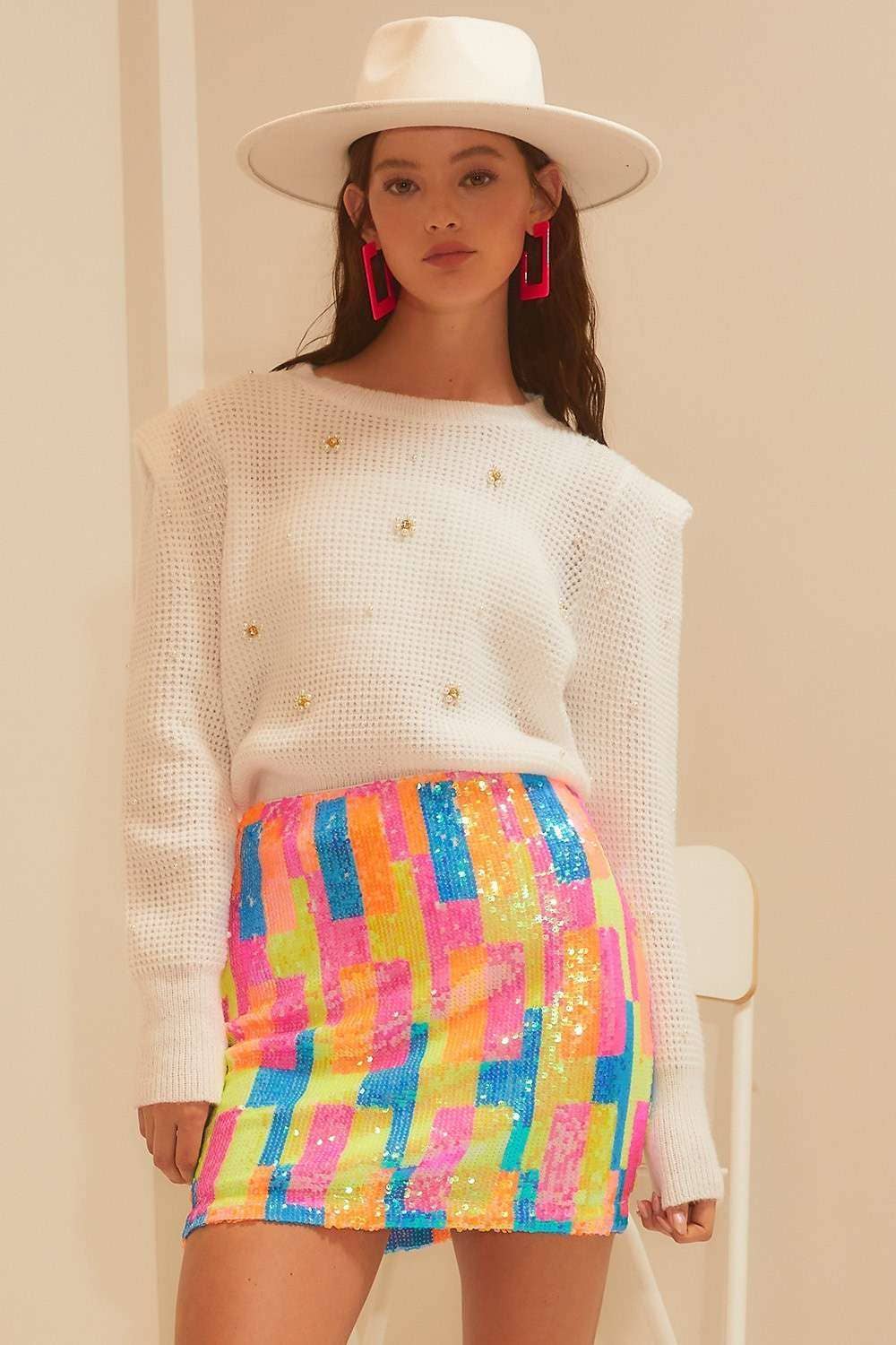 Pearl Flower Trim Waffle Sweater