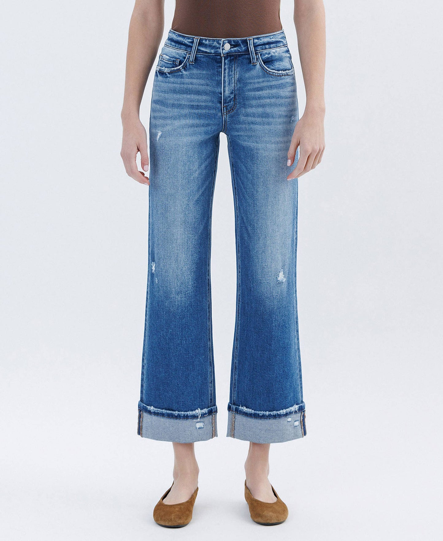 HIGH RISE CUFFED SLIM WIDE JEANS