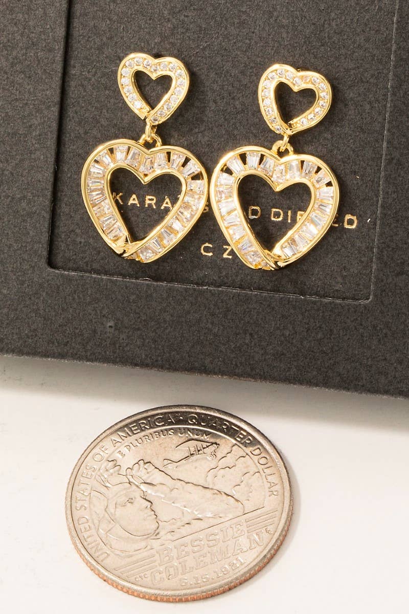 Secret Box Gold Dipped Cz Baguette Double Heart Drop Earrings