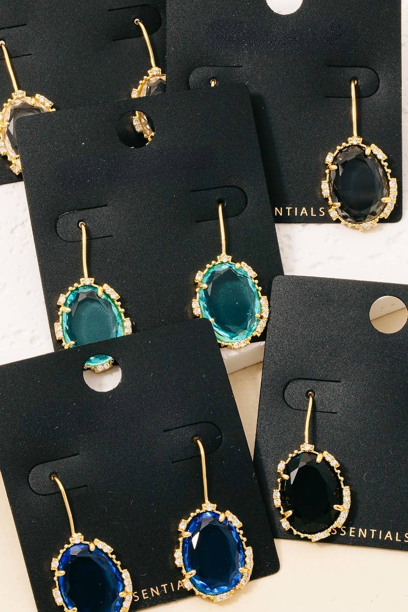 Gold Dipped Cz And Glass Oval Gem Dangle Earrings