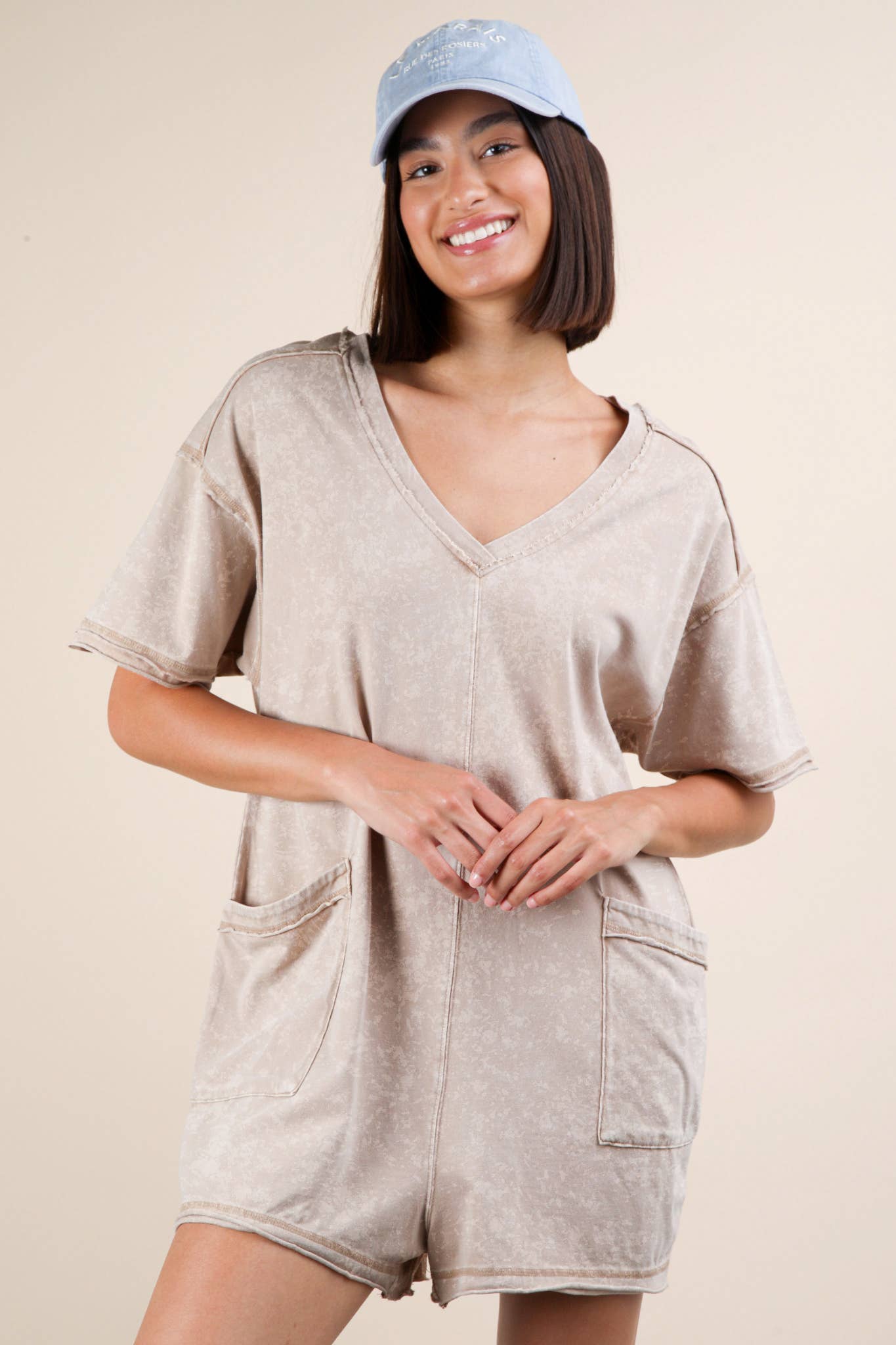 NP70740-Mineral Washed Oversized Casual Knit Romper