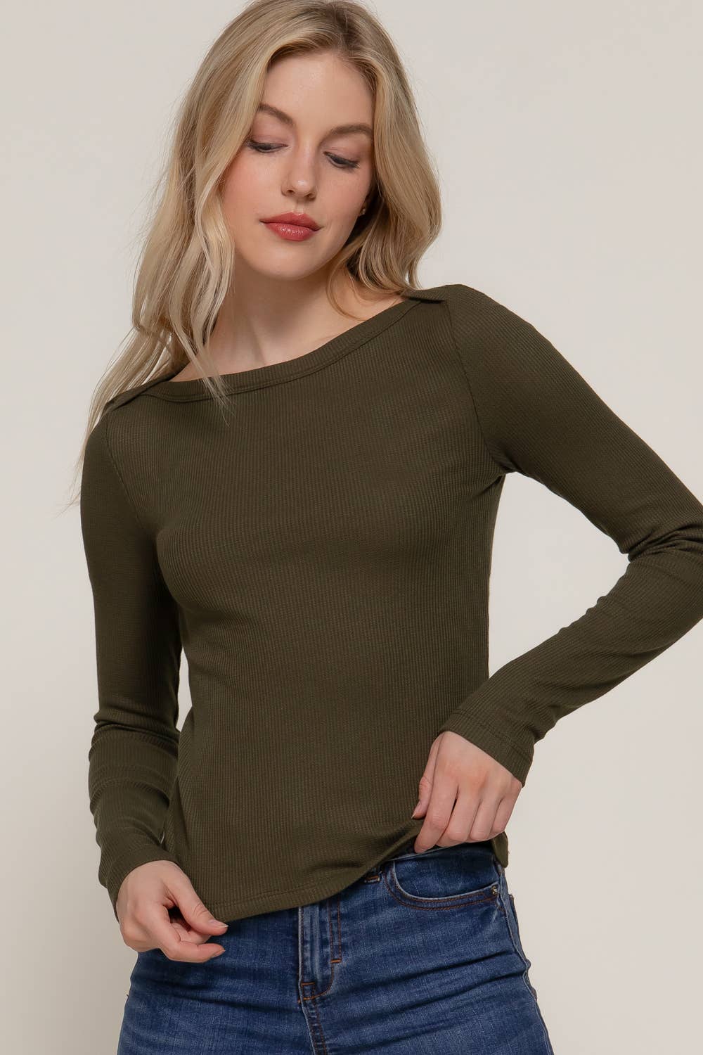 Long Sleeve Boat Neck Thermal Knit Top