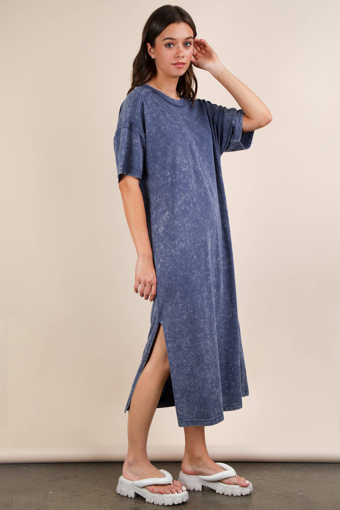 ND31601-Mineral Washed Casual Comfy Midi Dress