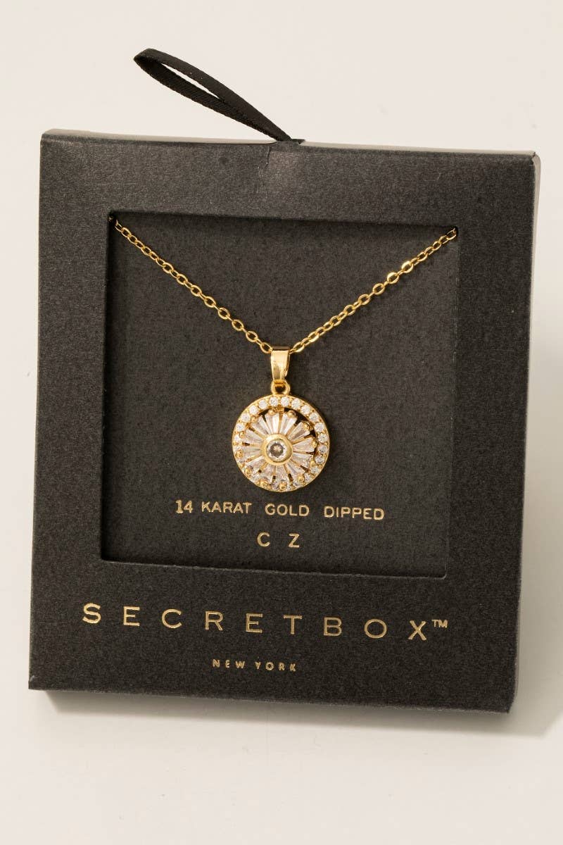 Secret Box Gold Dipped Cz Halo Set Sun Pendant Necklace
