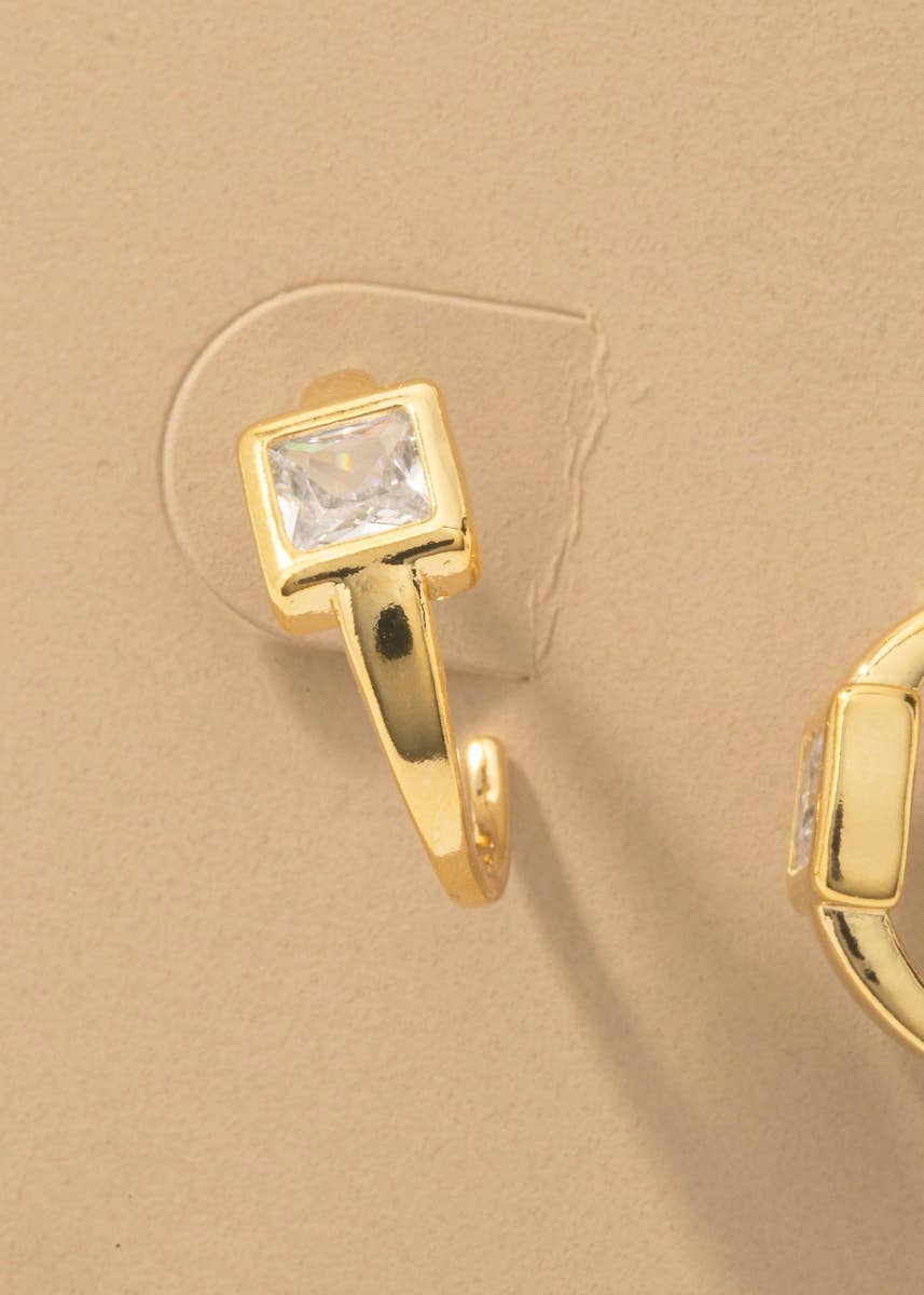 Gold Dipped Faceted Square Cz Station Hoop Earrings