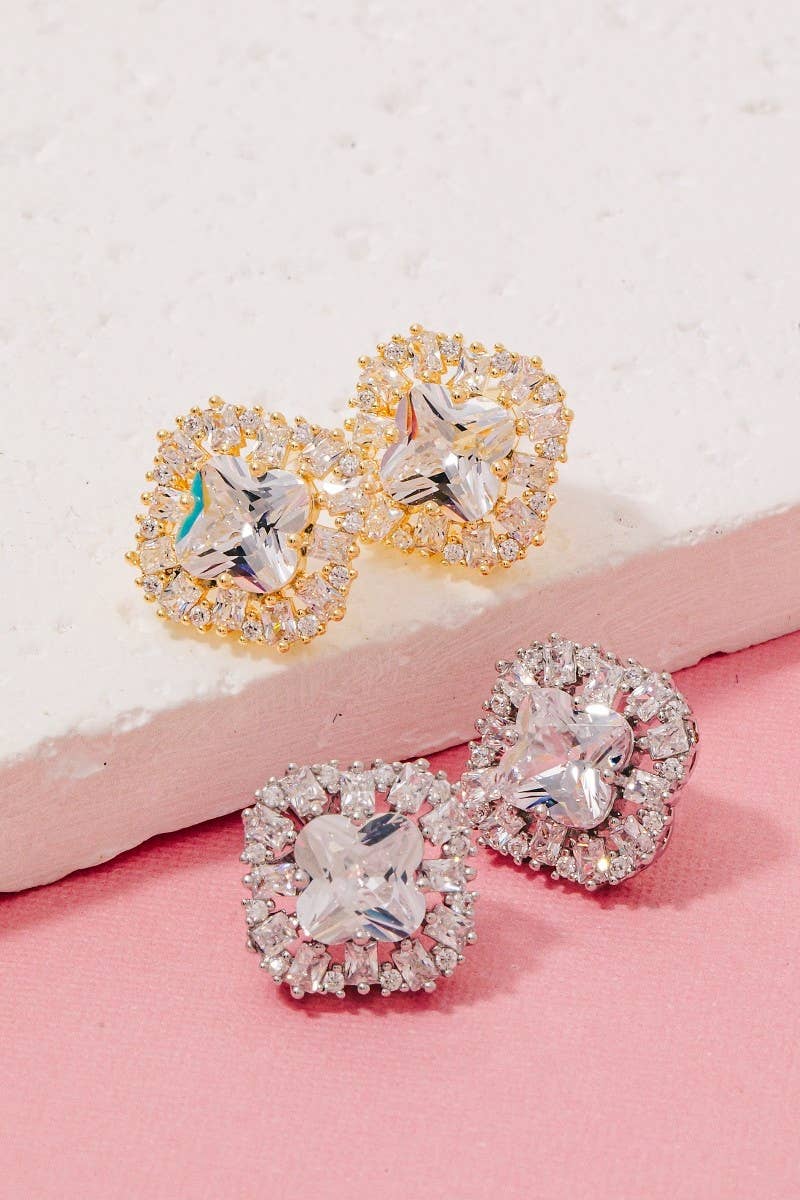 Secret Box Gold Dipped Cz Halo Set Clover Stud Earrings