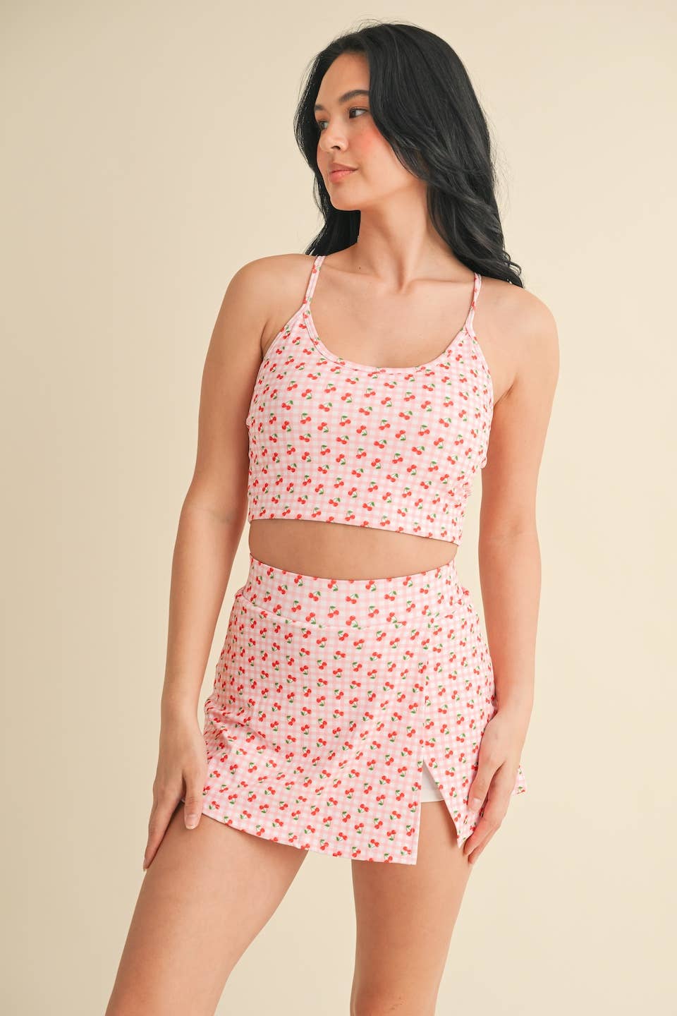 Cherry Gingham Print Racerback Crop Tank