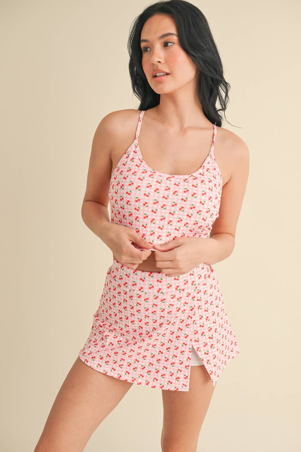 Cherry Gingham Print Racerback Crop Tank