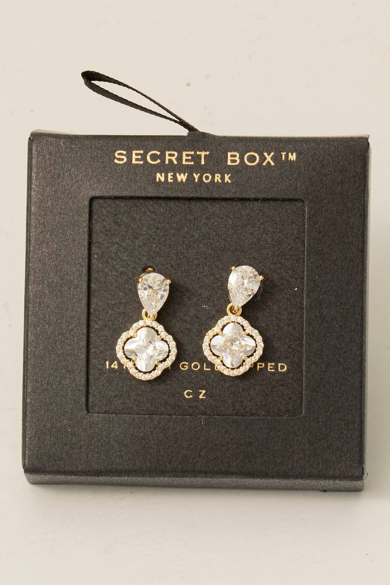 Secret Box Gold Dipped Cz Halo Set Clover Teardrop Dangle