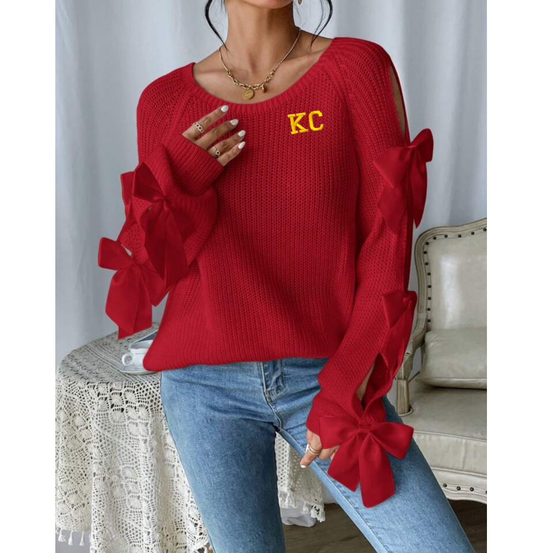 KC Embroidered Red Bow Sweater, Kansas City Chiefs