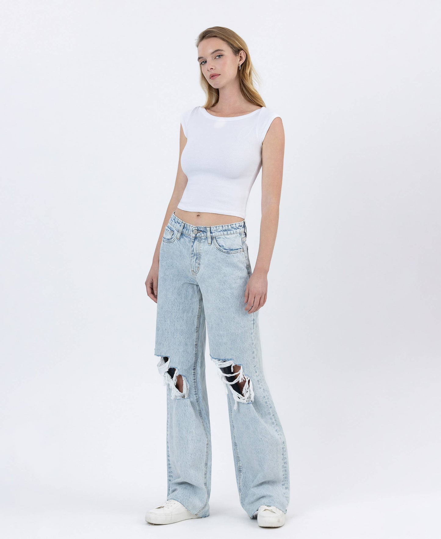 HIGH RISE DISTRESSED LONG BAGGY WIDE LEG JEANS BY4653L